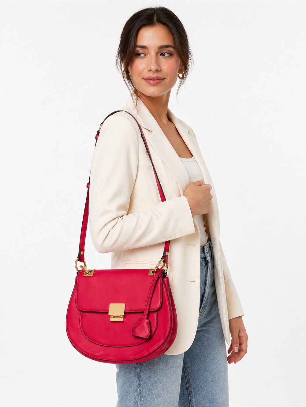 ALDO Bright Pink Crossbody Saddle Bag Gold Hardware Chic Statement Purse